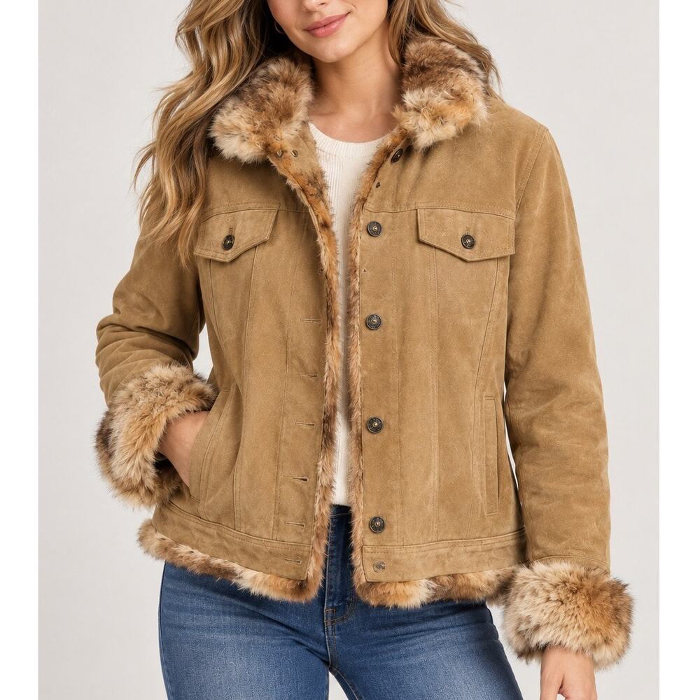 Wilsons Leather Maxima Womens XL Tan Suede Leather Fur Trim Jacket Coat Winter